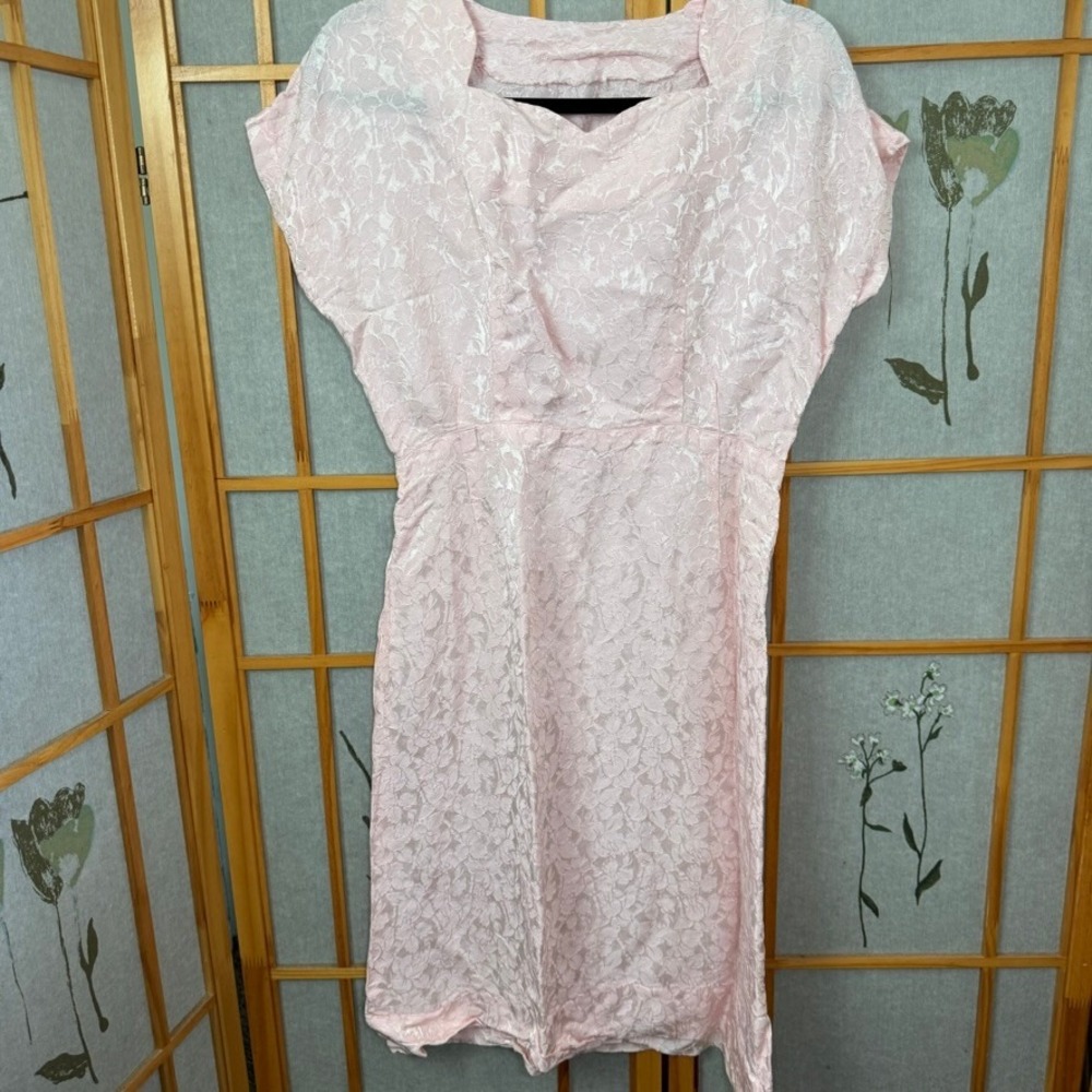 Handmade Pink Floral Jacquard Sheath Dress Vintage Style Cap Sleeve Midi